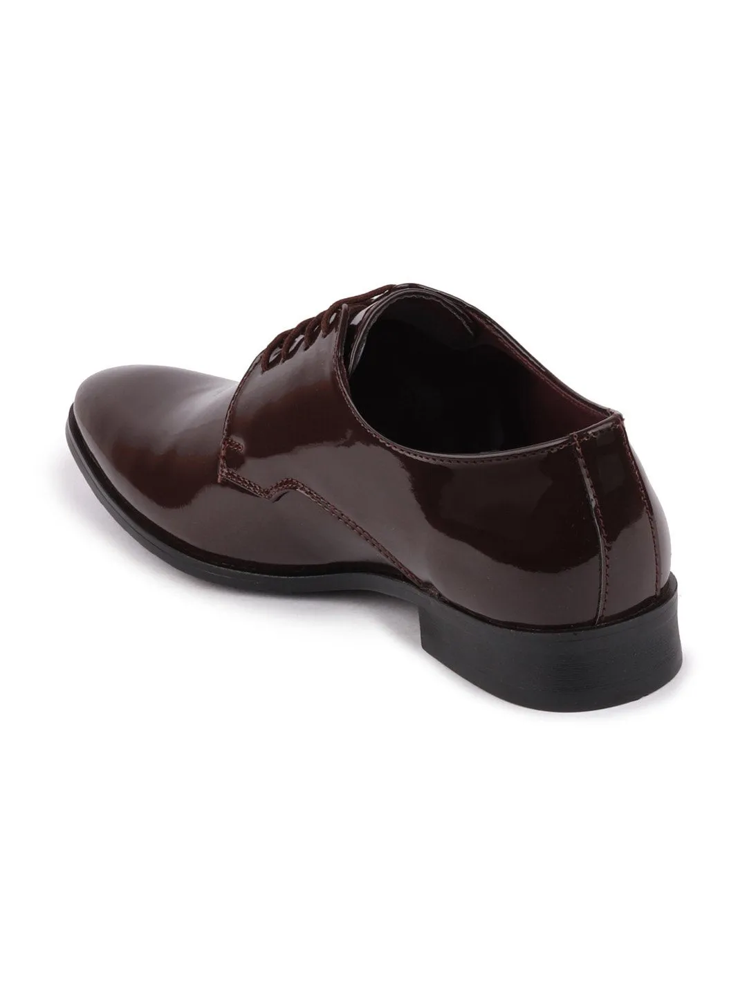 Men Brown Formal Patent Leather Lace-Up Derby Shoes