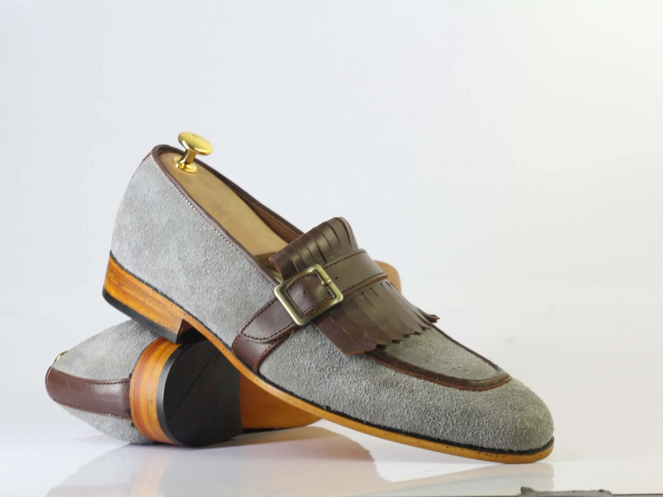 Men's Handmade Gray Brown  Leather Suede Fringe With Buckle Style Loafer Shoes, Party Shoes