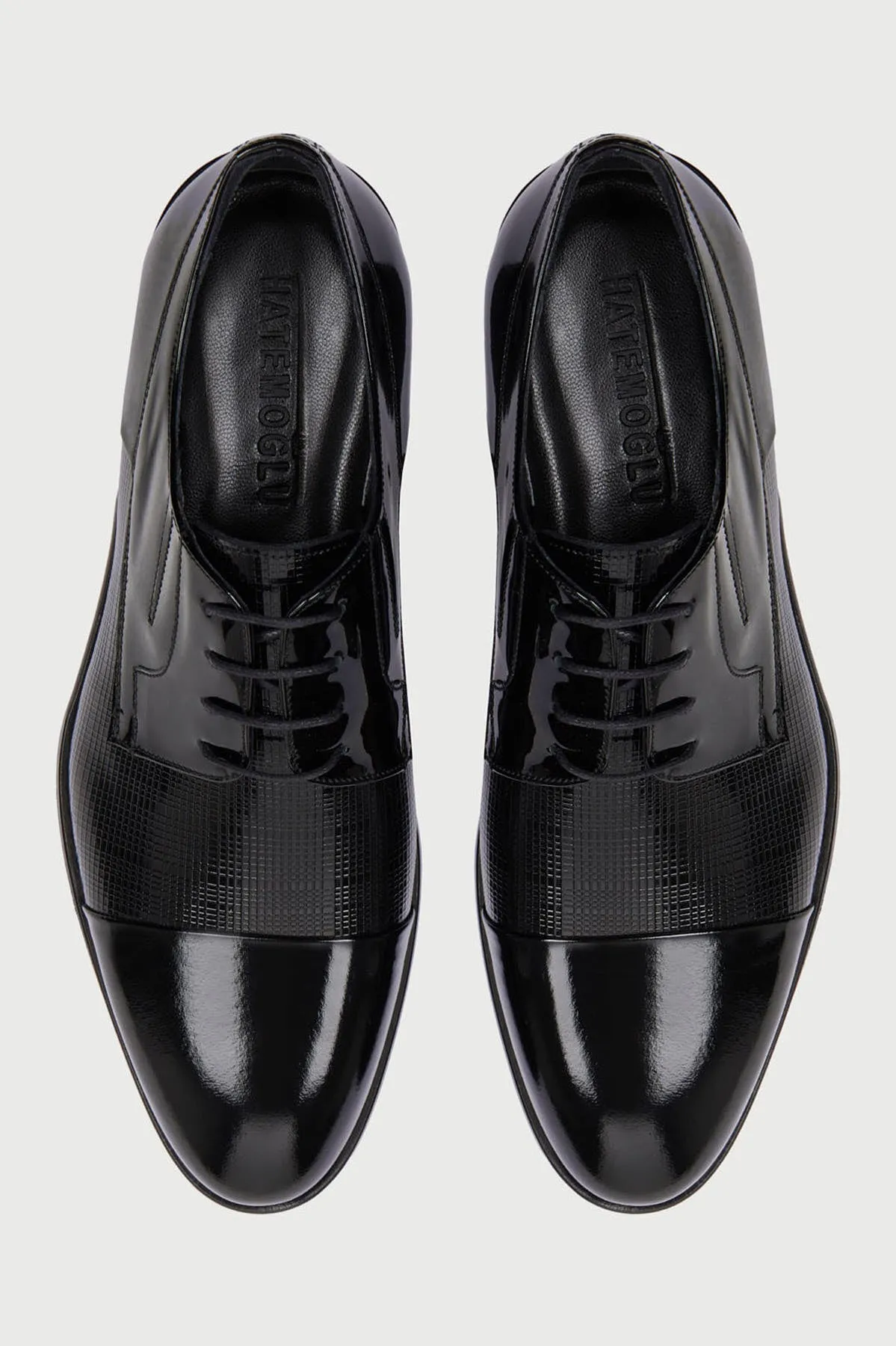 Navy Patent Patent Leather Lace-Up Tuxedo Shoes, Black Patent