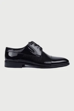 Navy Patent Patent Leather Lace-Up Tuxedo Shoes, Black Patent