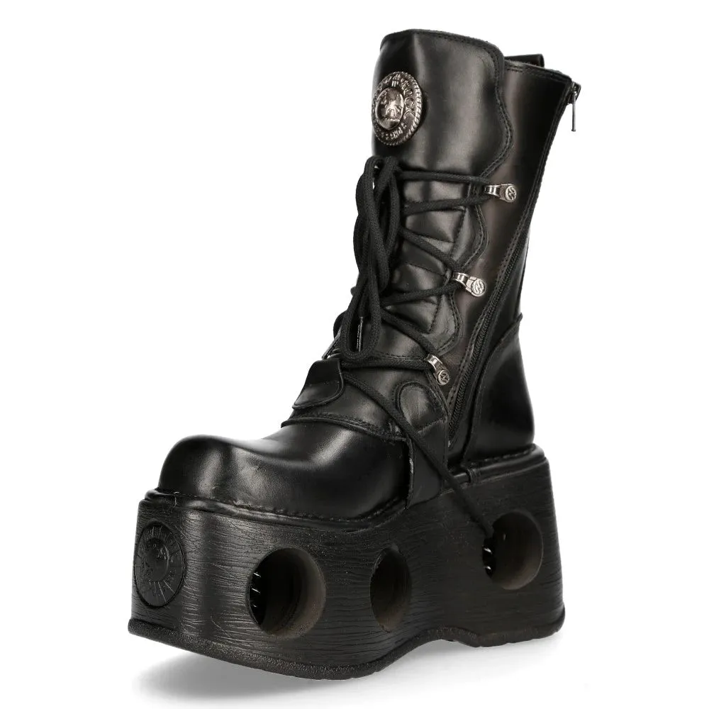 New Rock 373-S2 Metallic Black Leather Neptuno Platform Gothic Boots Buckle