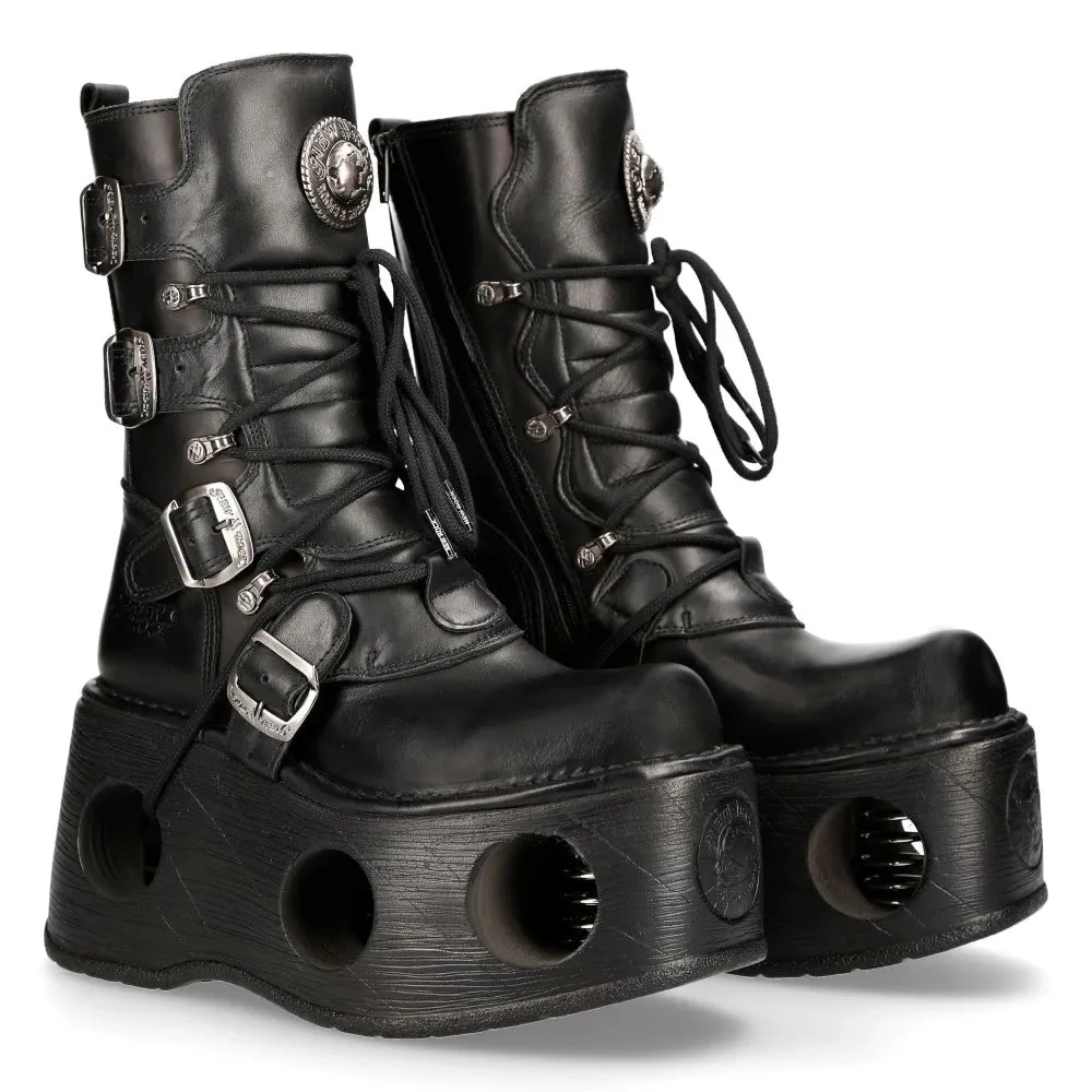 New Rock 373-S2 Metallic Black Leather Neptuno Platform Gothic Boots Buckle