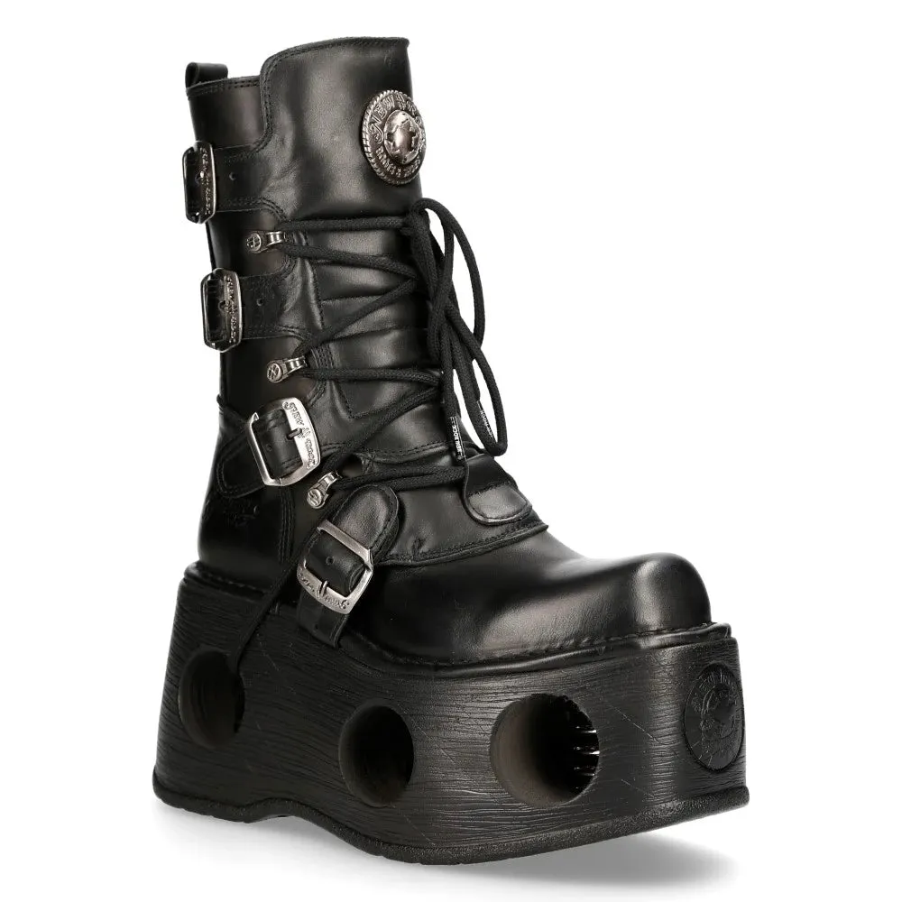 New Rock 373-S2 Metallic Black Leather Neptuno Platform Gothic Boots Buckle