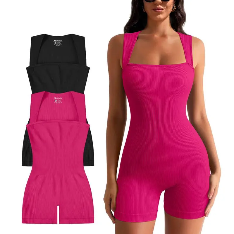 OQQ Women 2 Piece Casual Rompers Yoga Stretch Strappy Square Neck Sleeveless Exercise Rompers