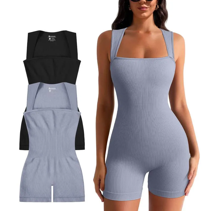 OQQ Women 2 Piece Casual Rompers Yoga Stretch Strappy Square Neck Sleeveless Exercise Rompers