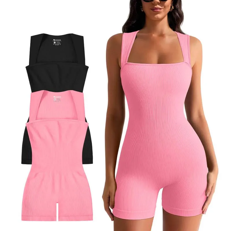 OQQ Women 2 Piece Casual Rompers Yoga Stretch Strappy Square Neck Sleeveless Exercise Rompers