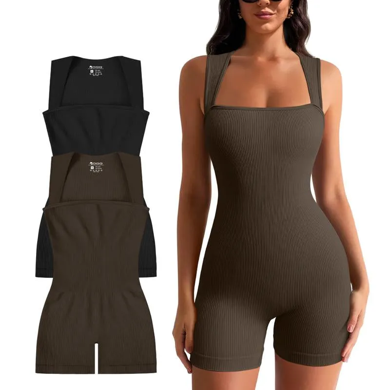 OQQ Women 2 Piece Casual Rompers Yoga Stretch Strappy Square Neck Sleeveless Exercise Rompers