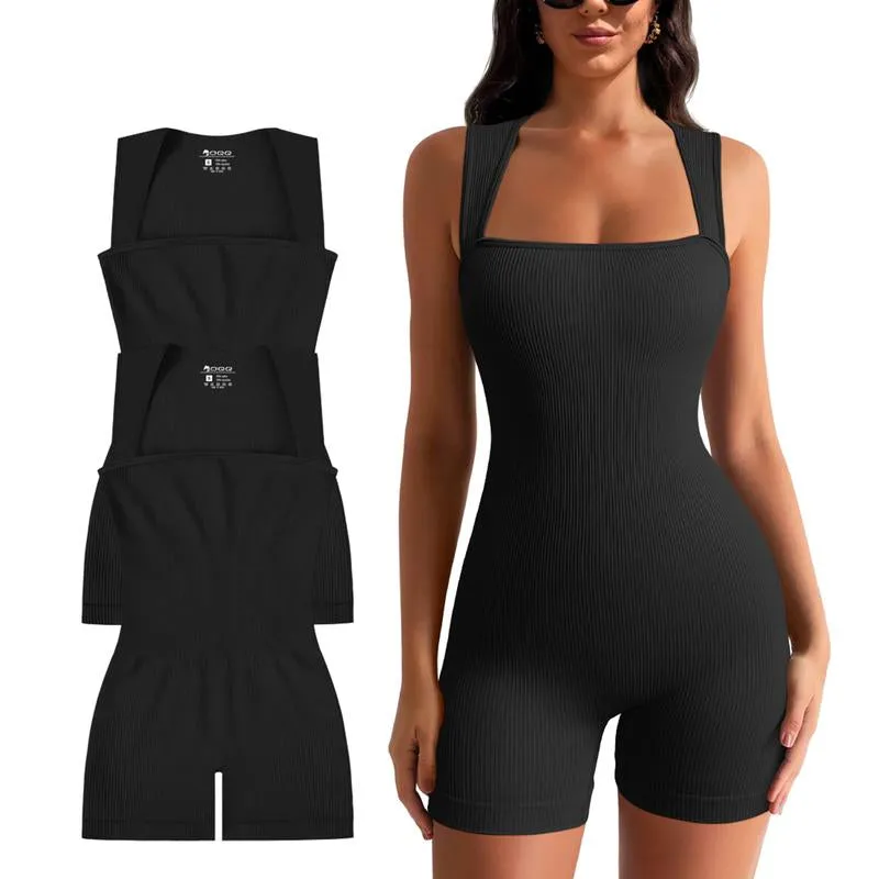 OQQ Women 2 Piece Casual Rompers Yoga Stretch Strappy Square Neck Sleeveless Exercise Rompers