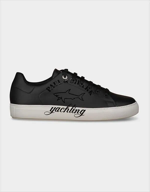 Paul & Shark Logo Print Leather Low-top Sneakers | Black