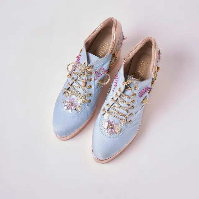 Rose Gold AND Blue  Embroidered Bridal Sneaker Wedges - Customized Wedding Shoes