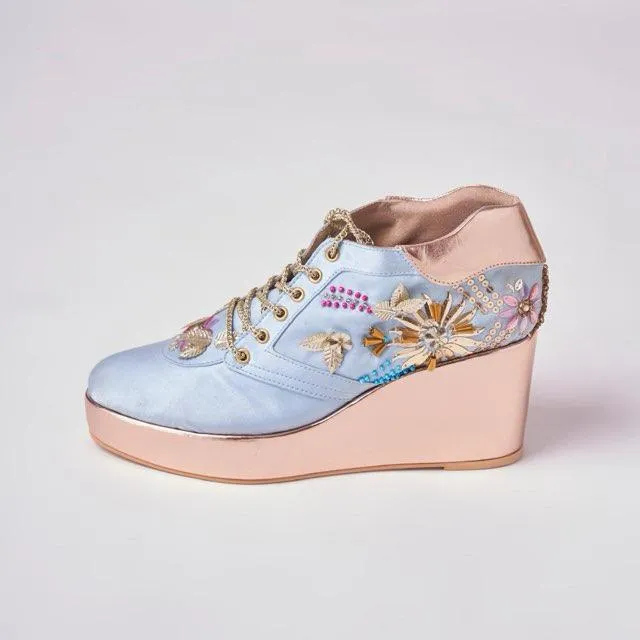 Rose Gold AND Blue  Embroidered Bridal Sneaker Wedges - Customized Wedding Shoes