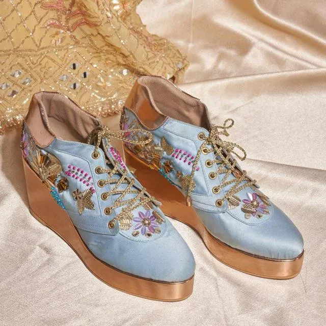 Rose Gold AND Blue  Embroidered Bridal Sneaker Wedges - Customized Wedding Shoes