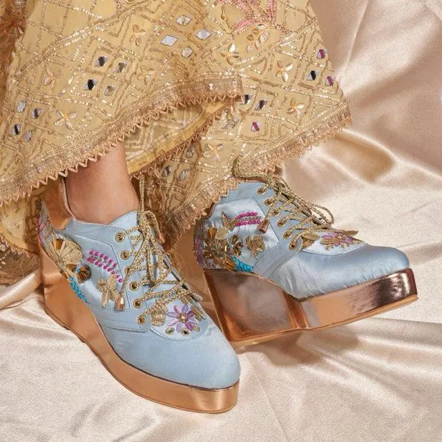 Rose Gold AND Blue  Embroidered Bridal Sneaker Wedges - Customized Wedding Shoes