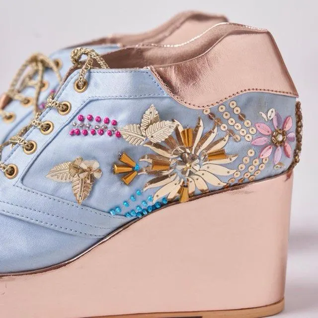 Rose Gold AND Blue  Embroidered Bridal Sneaker Wedges - Customized Wedding Shoes