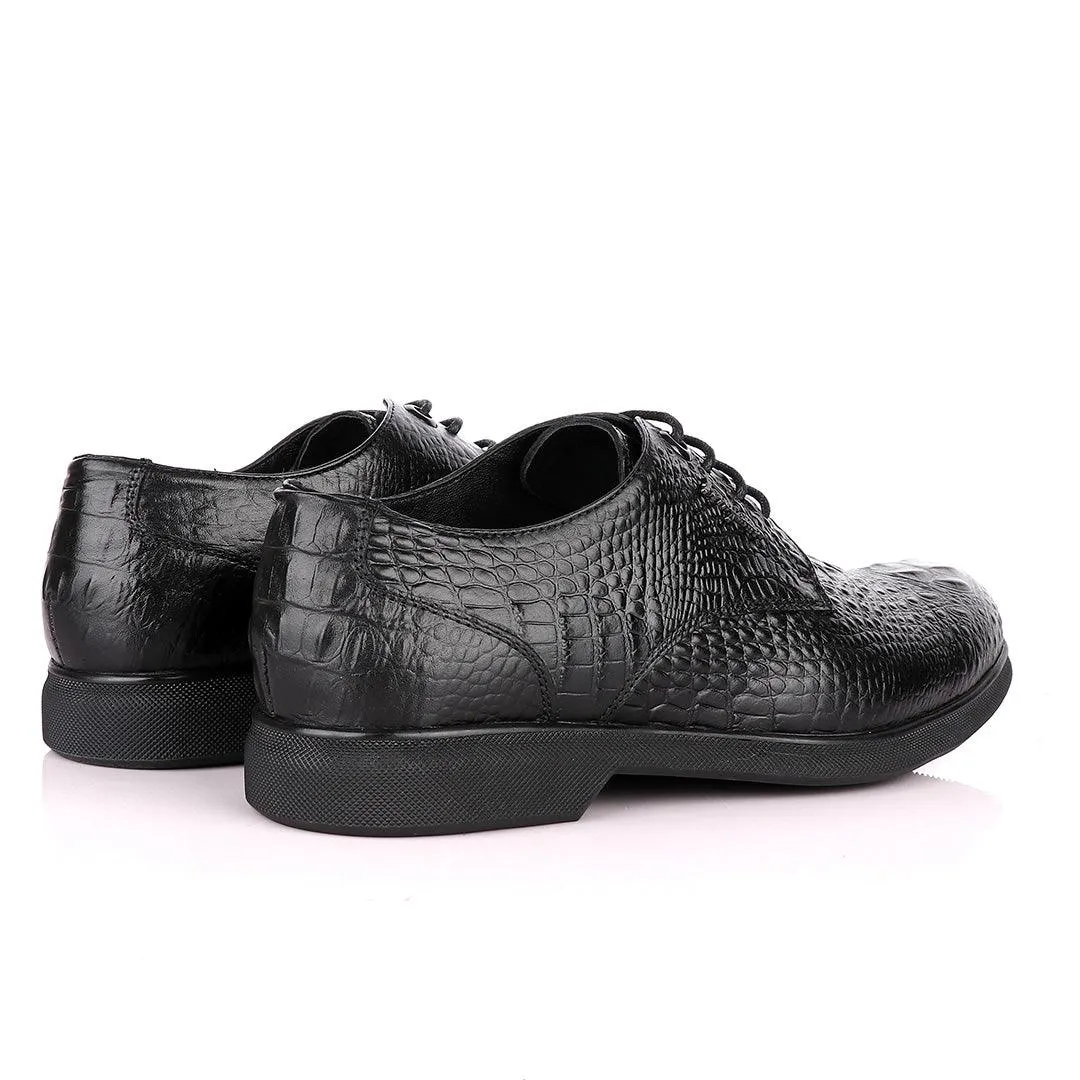 Salvatore Ferragamo Black Crocodile Leather Derby Laced Shoe