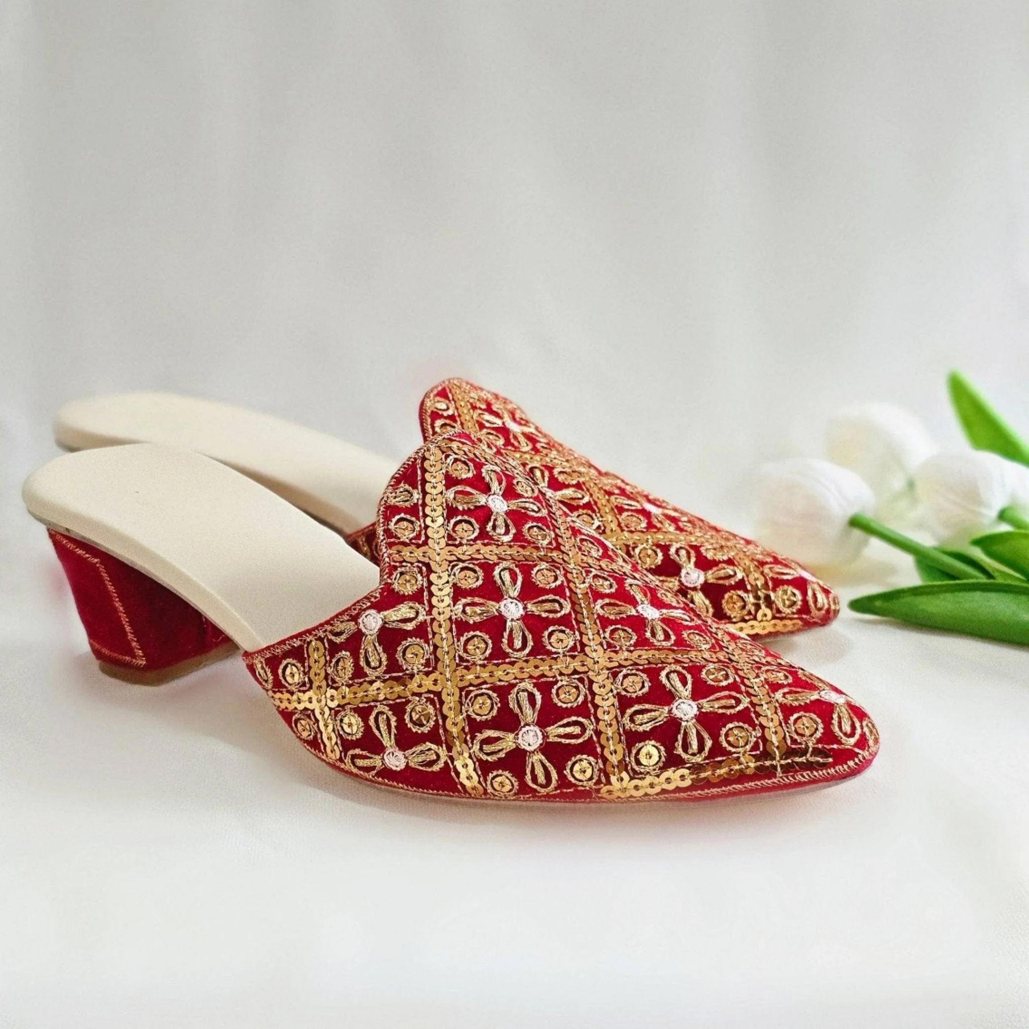 Sanchi - Women's Red Sequined Bridal Heel Shoes