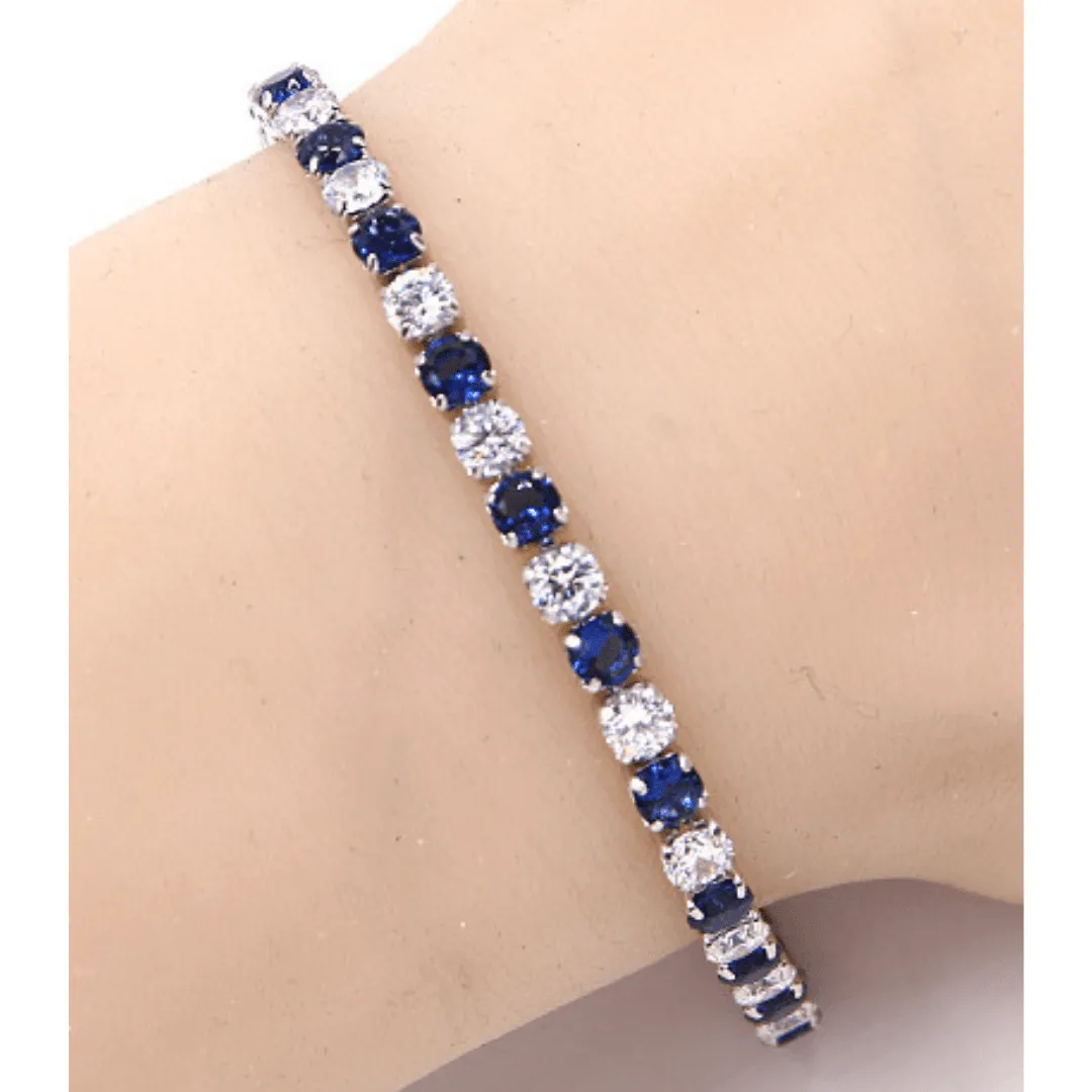 Sapphire Blue & Clear CZ Tennis Bracelet In Silver