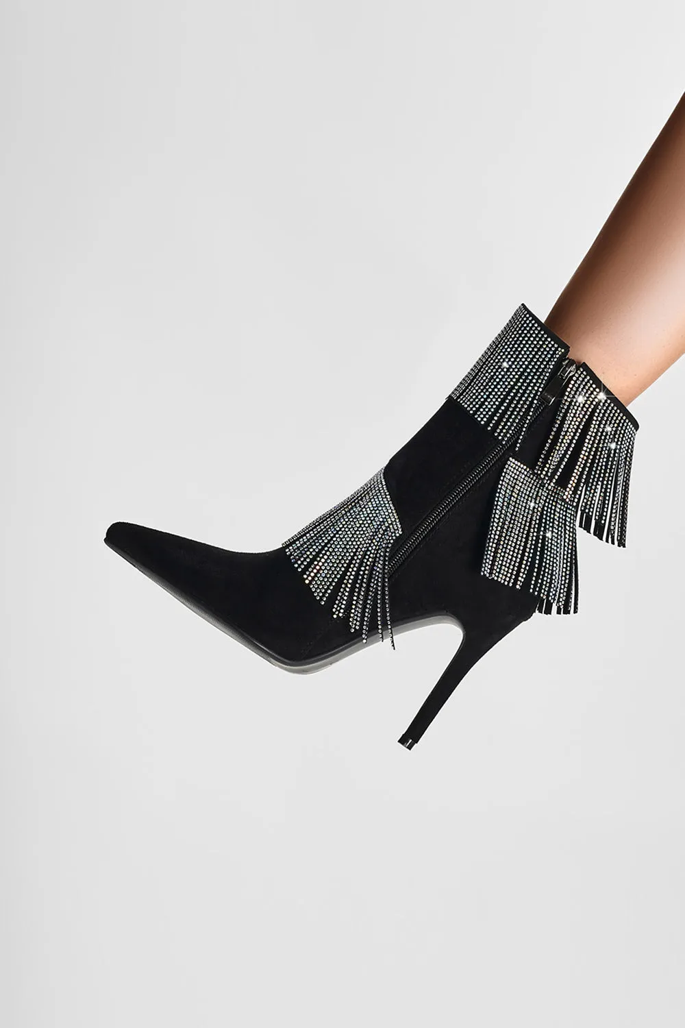 Sparkly Black Beading Ankle Boots with Tassels