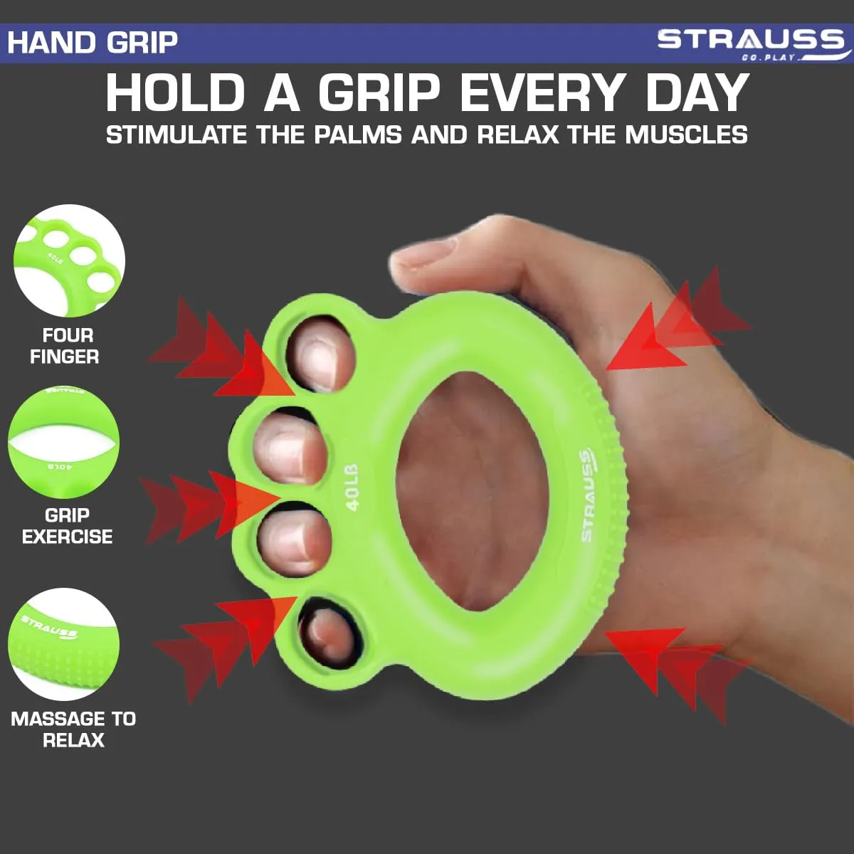 Strauss Adjustable Finger and Hand Exerciser | Finger&Palm Gripper | Hand Strengthener for Carpal Tunnel Relief and Grip Strength for Men & Women, (Green)