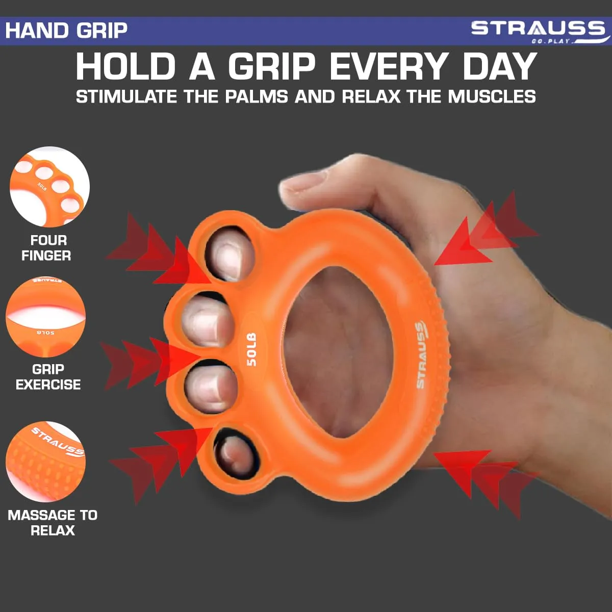 Strauss Adjustable Finger and Hand Exerciser | Finger&Palm Gripper | Hand Strengthener for Carpal Tunnel Relief and Grip Strength for Men & Women, (Orange)