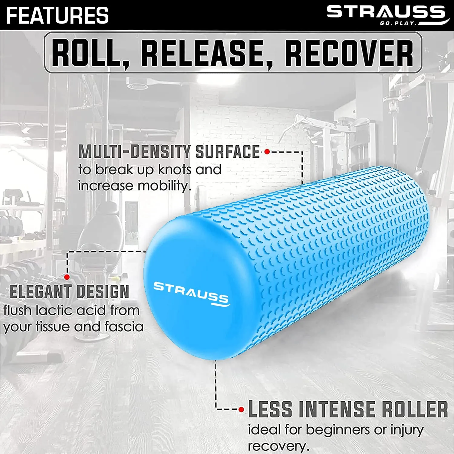 Strauss Yoga Foam Roller | Deep Tissue Massage Roller for Knee Exercise, Muscles Recovery & Physiotherapy | Home Gym Fitness Equipment for Full Body Relaxation and Flexibility | 30cm,(Sky Blue)