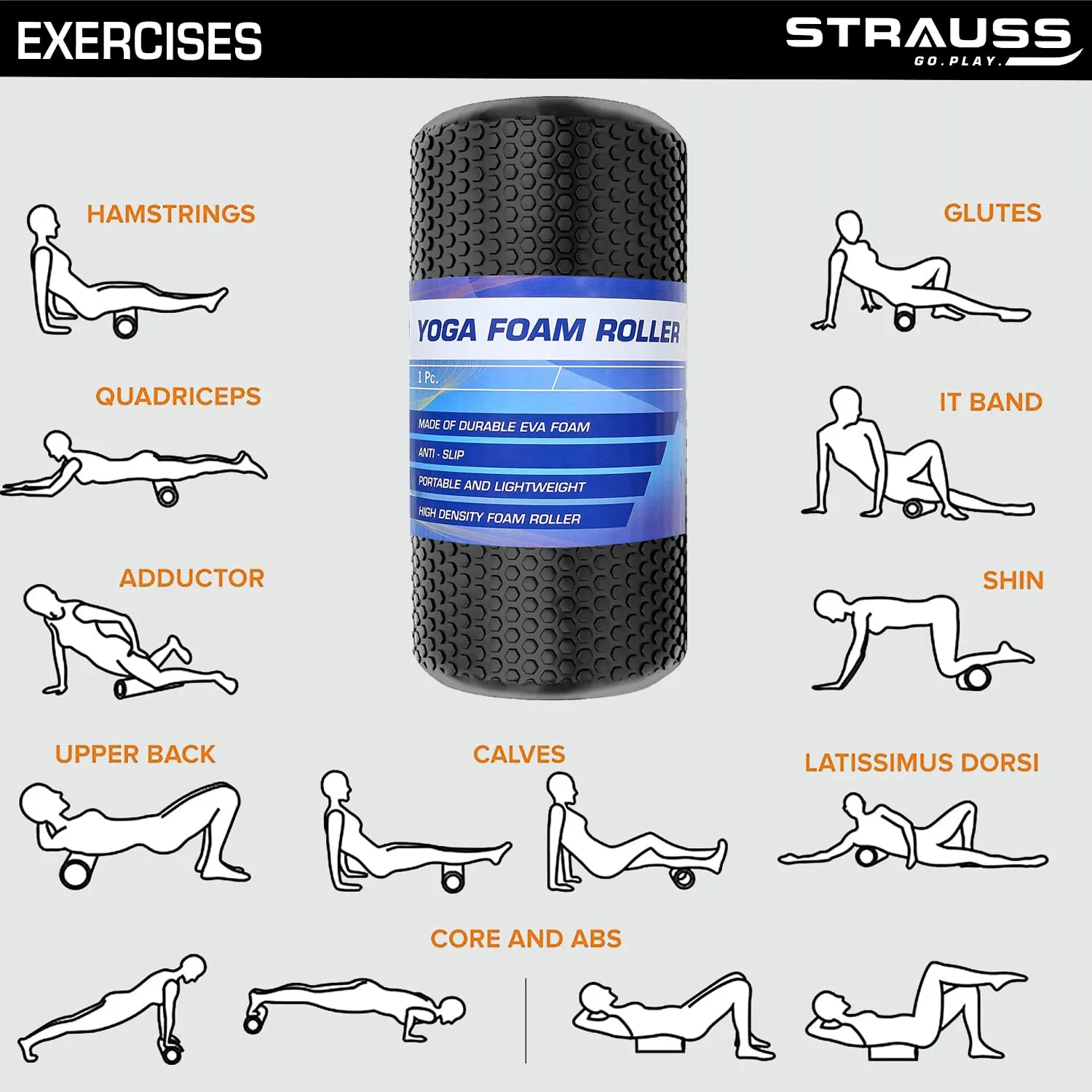 Strauss Yoga Foam Roller | Ideal For Exercise, Muscle Recovery, Physiotherapy, Pain Relief & Myofascial | Deep Tissue Massage Roller 45 Cm, (Black)