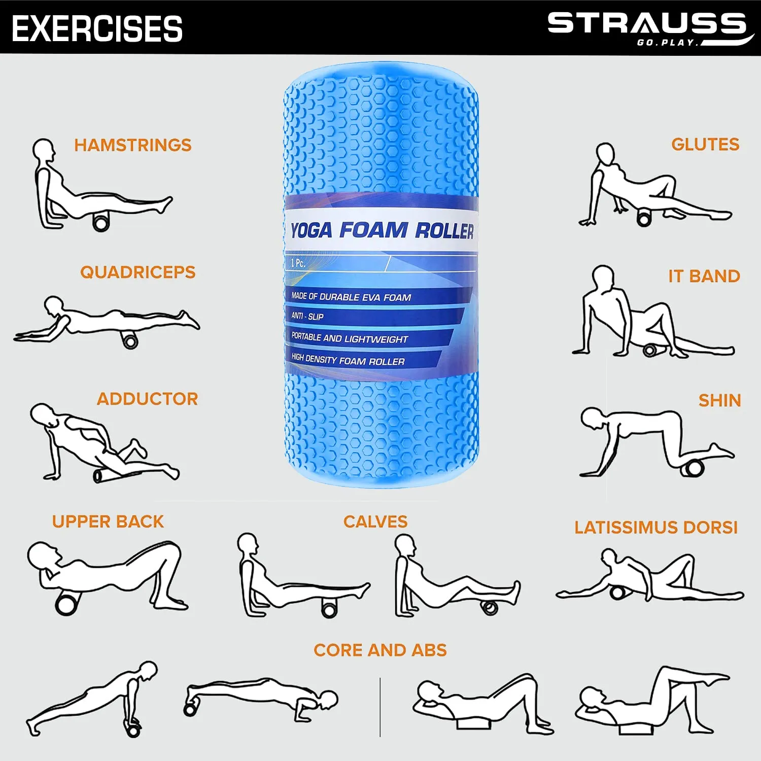 Strauss Yoga Foam Roller | Ideal For Exercise, Muscle Recovery, Physiotherapy, Pain Relief & Myofascial | Deep Tissue Massage Roller 45 Cm, (Blue)