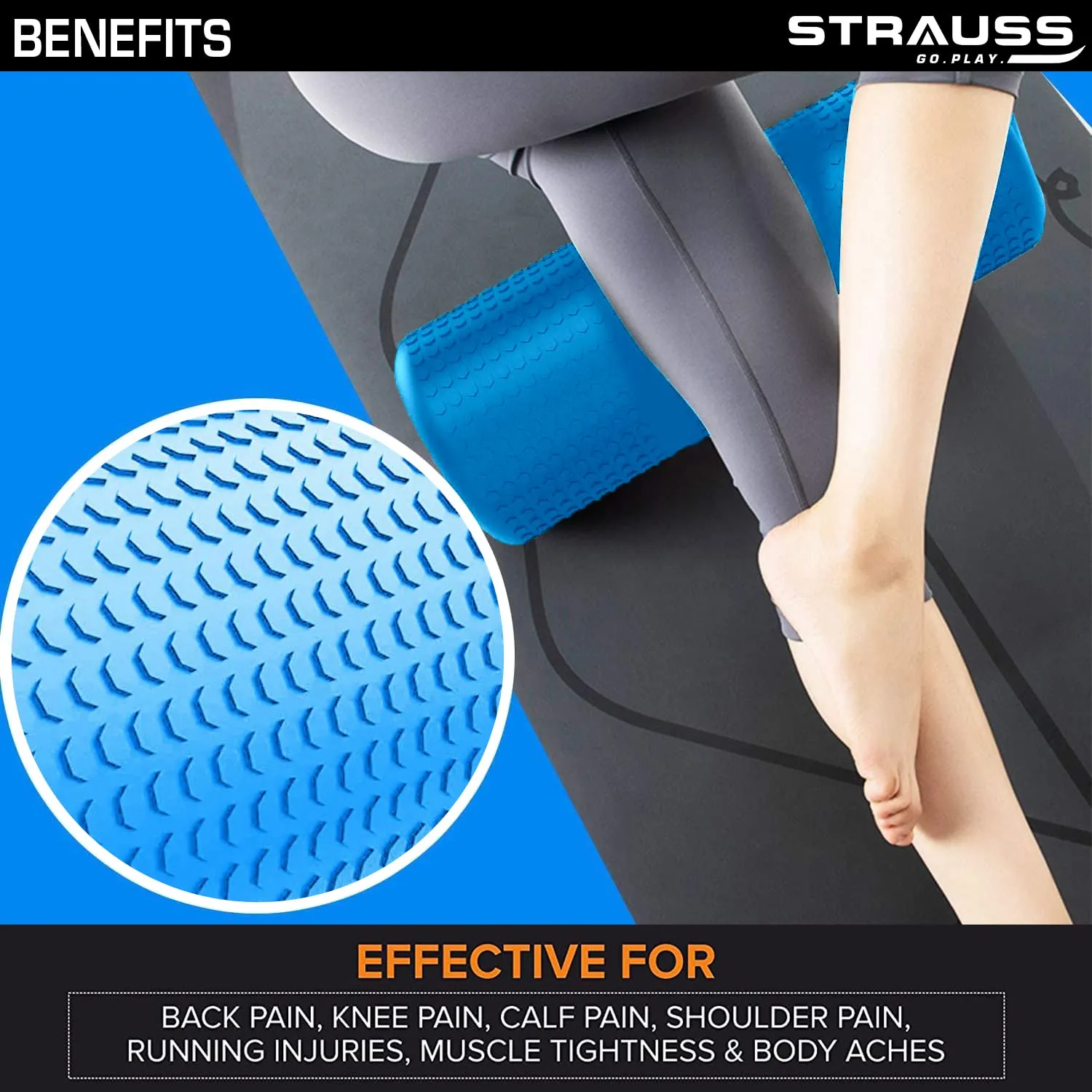 Strauss Yoga Foam Roller | Ideal For Exercise, Muscle Recovery, Physiotherapy, Pain Relief & Myofascial | Deep Tissue Massage Roller 45 Cm, (Blue)