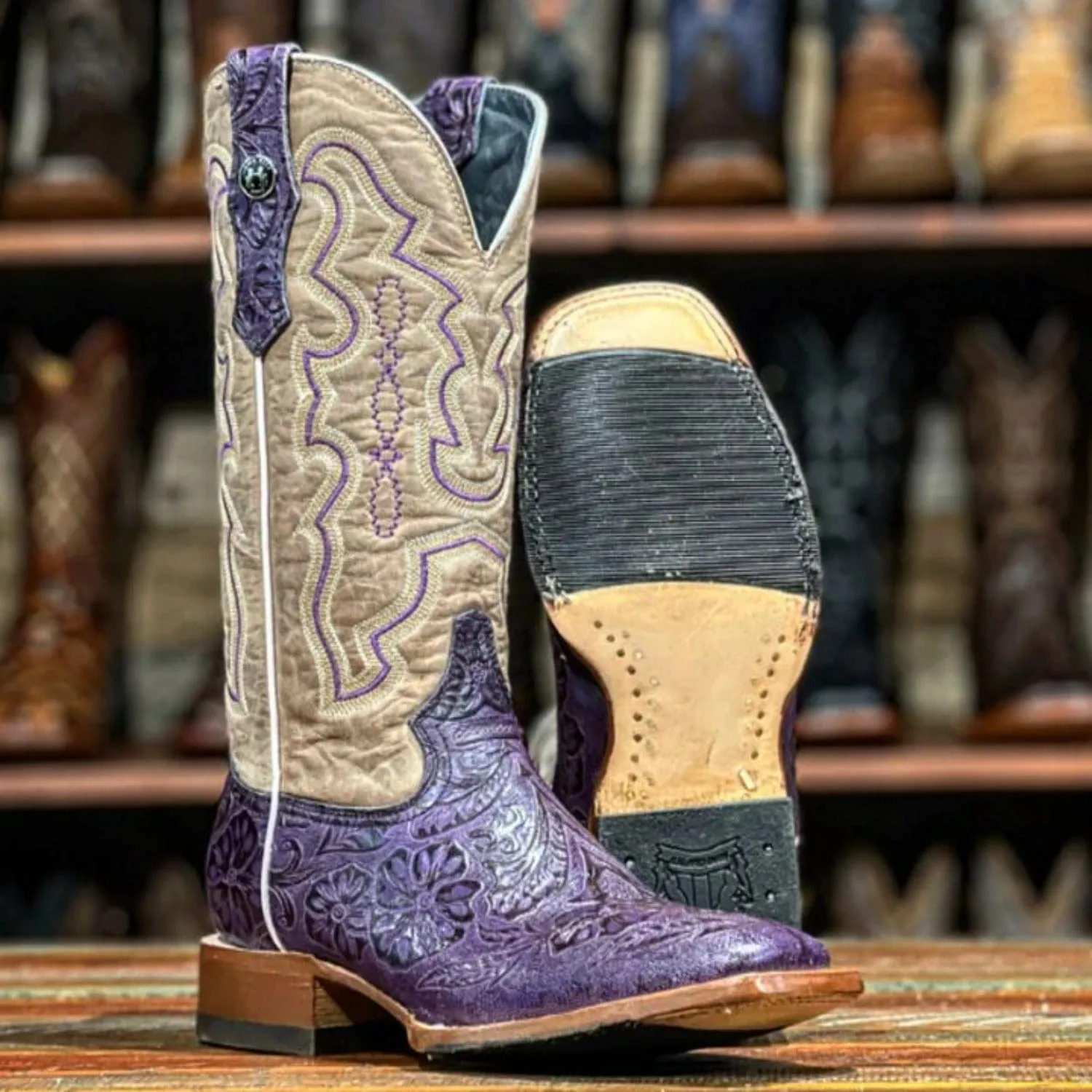 Tanner Mark Women's Hand Tooled Square Toe Leather Boots Grape TML207099