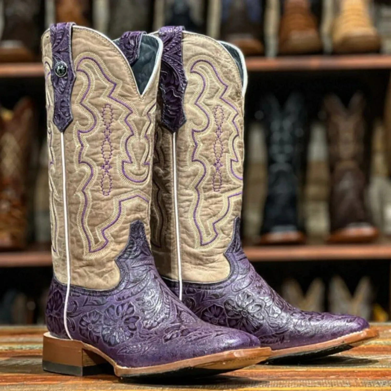 Tanner Mark Women's Hand Tooled Square Toe Leather Boots Grape TML207099