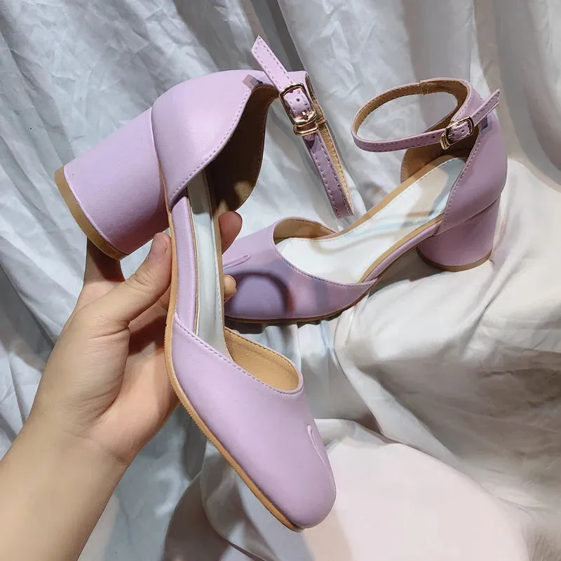 TAVIMART  -  New Purple Women Tabi Shoes Split Toe Female Chunky High Heel Pumps Ankle Wrap Designer Summer Sandals Mary Janes Big Size