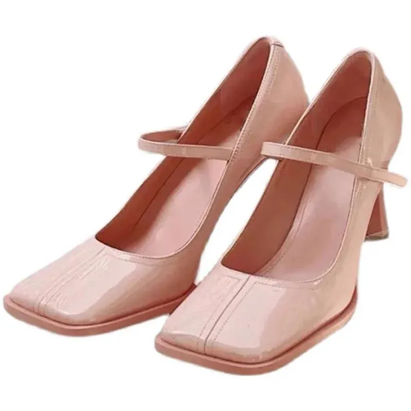 TAVIMART  -  Princess Beige Pink Square Toe Lolita Pumps Tower Shape High Heel Mary Janes  Shoes Women Ankle Strap Sweet Single Shoes