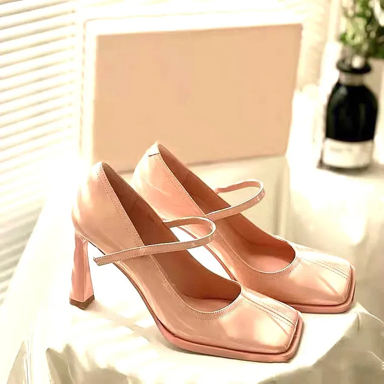 TAVIMART  -  Princess Beige Pink Square Toe Lolita Pumps Tower Shape High Heel Mary Janes  Shoes Women Ankle Strap Sweet Single Shoes