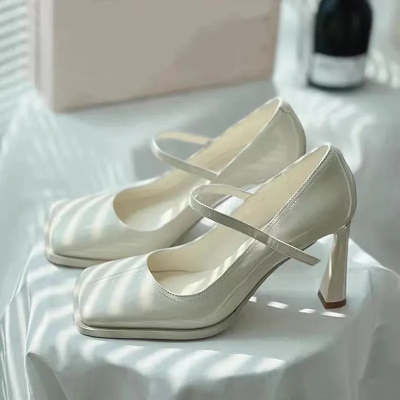 TAVIMART  -  Princess Beige Pink Square Toe Lolita Pumps Tower Shape High Heel Mary Janes  Shoes Women Ankle Strap Sweet Single Shoes