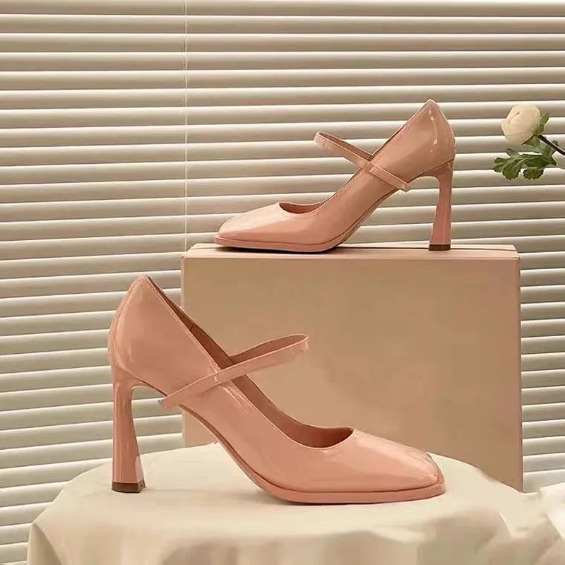 TAVIMART  -  Princess Beige Pink Square Toe Lolita Pumps Tower Shape High Heel Mary Janes  Shoes Women Ankle Strap Sweet Single Shoes