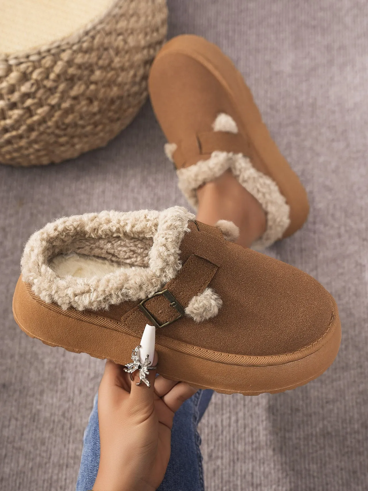 Thermal Fuzzy Buckle Platform Slip Ons