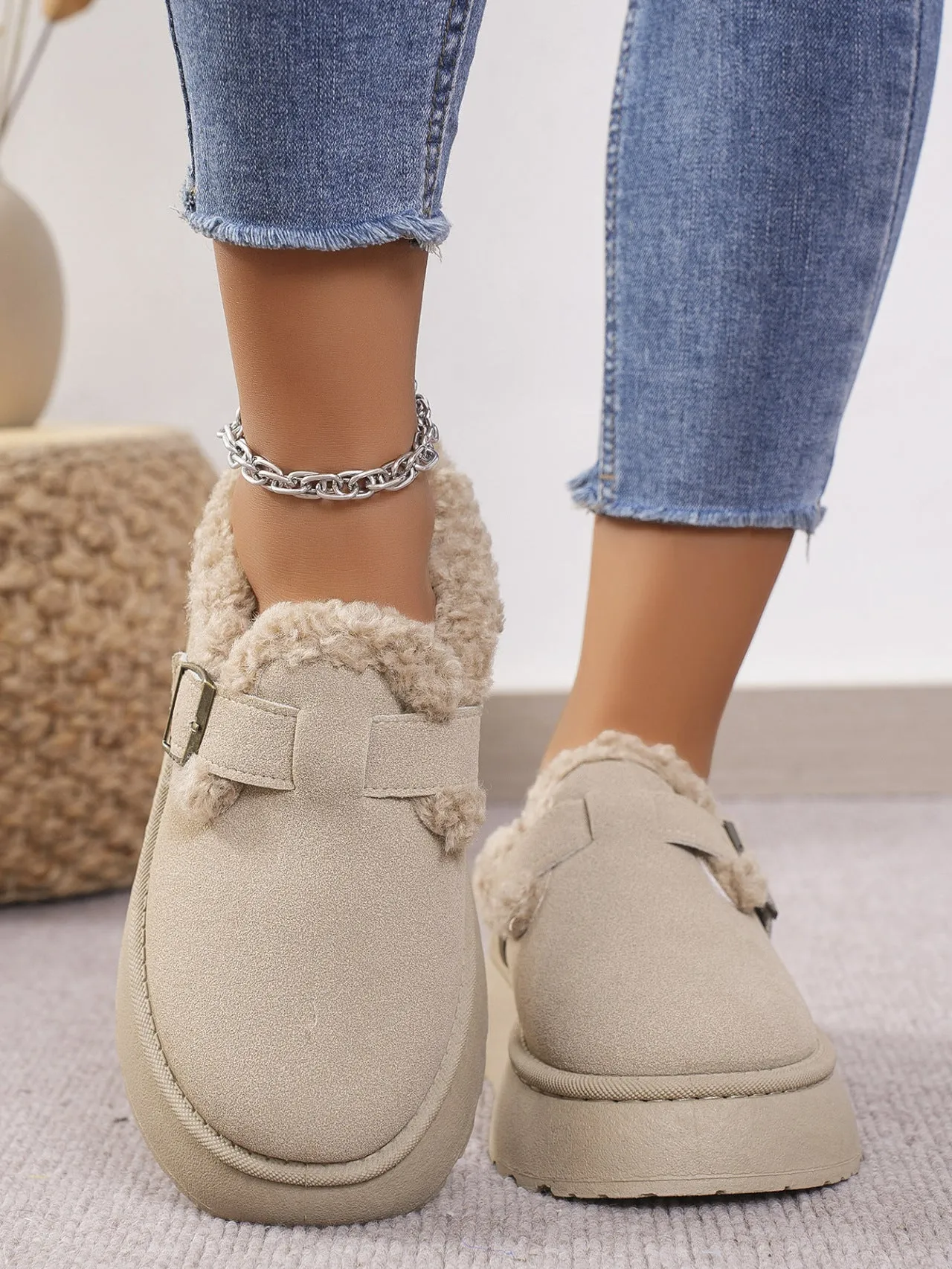 Thermal Fuzzy Buckle Platform Slip Ons