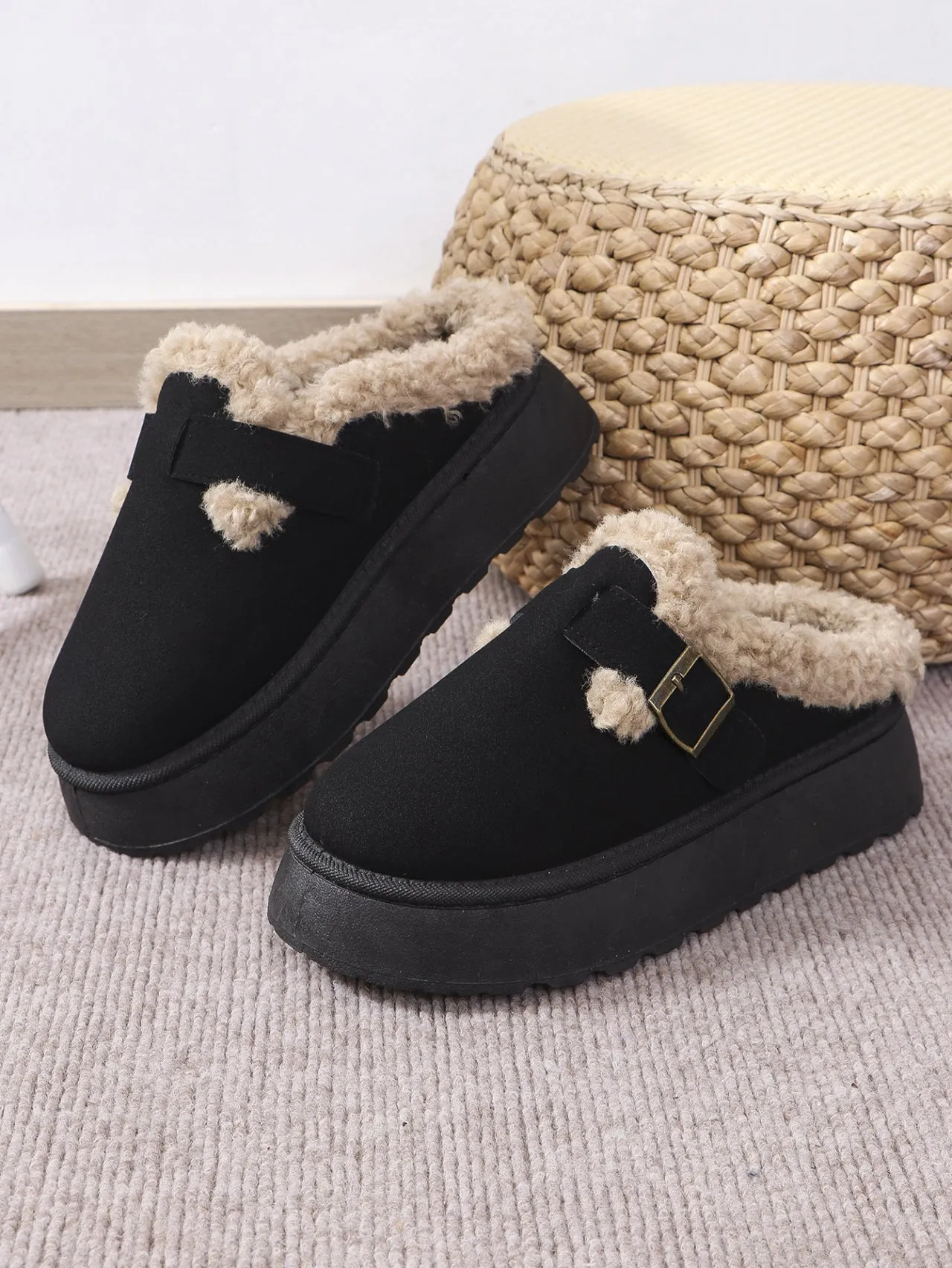 Thermal Fuzzy Buckle Platform Slip Ons