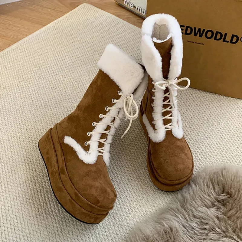 Uniwim Women's 2024 Autumn and Winter Thick Soled Plush Warm Mid Length Lace Up Short Cotton Shoes with Fur and Snow Boots