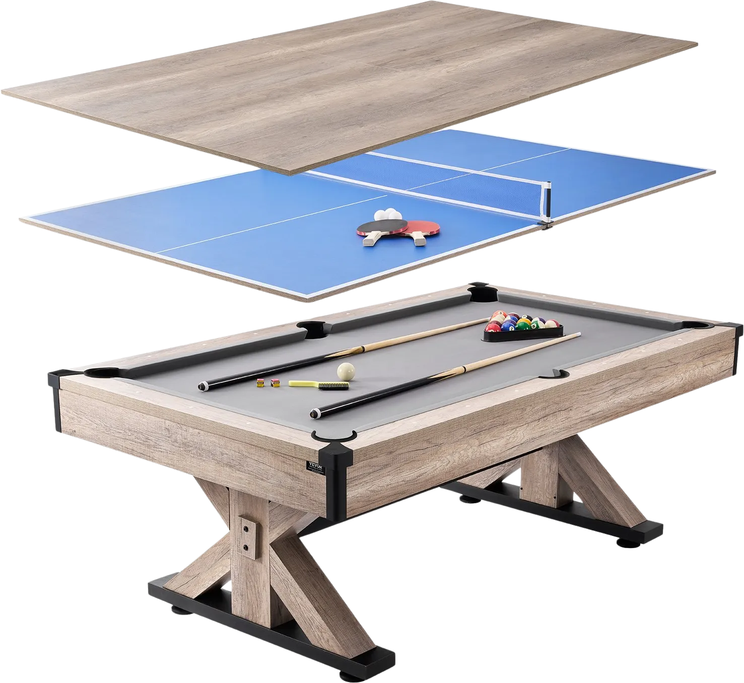 Vevor Billiards Table Combo Set 7' 3-in-1 Dining Tennis and Pool Table with Gray Cloth Includes Accessories New