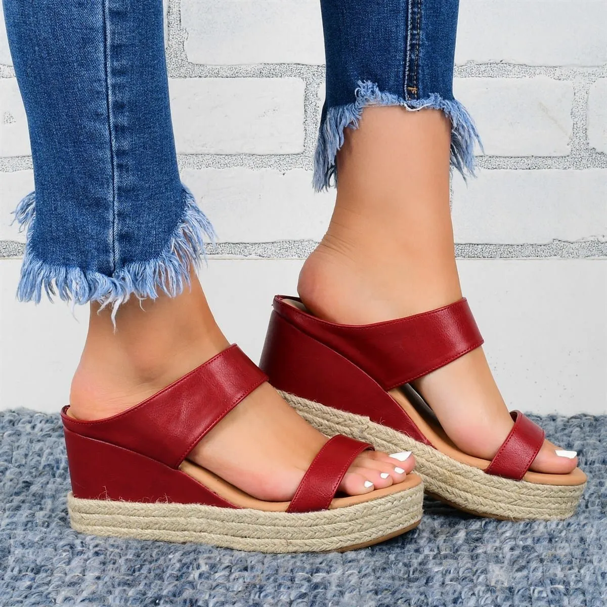 Wedge Heel Slippers - Casual Sandals-  Hemp High Wedge Heel Shoes