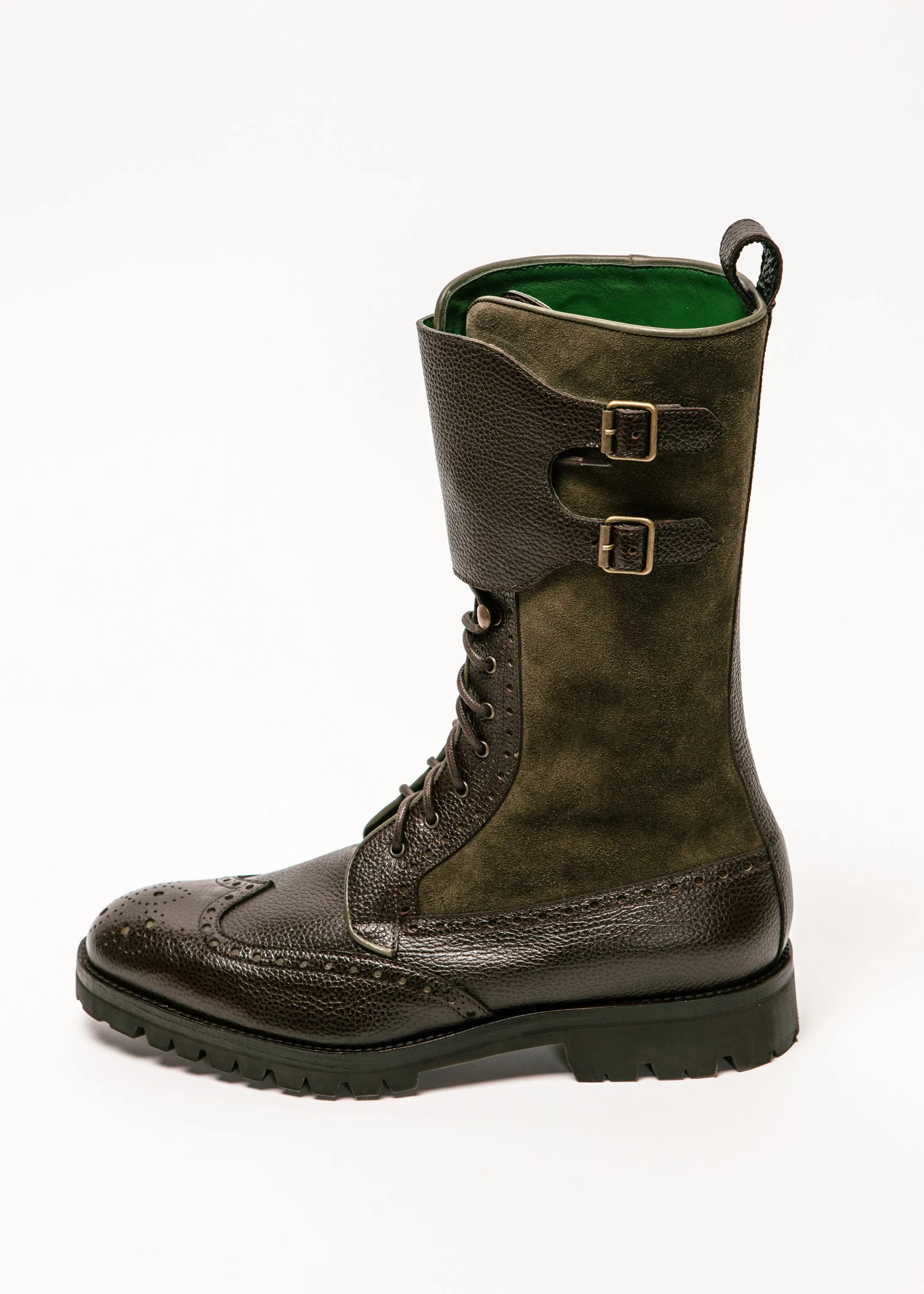 Wingtip Leather Boot in Dark Brown and Olive