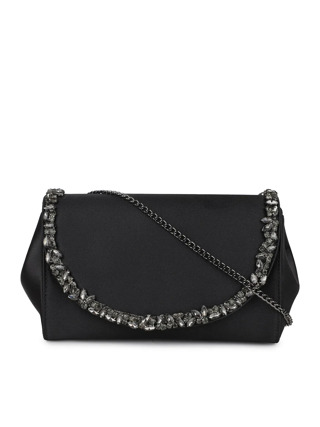 Women Black Toned Embellished Envelope Clutch