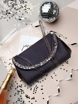 Women Black Toned Embellished Envelope Clutch