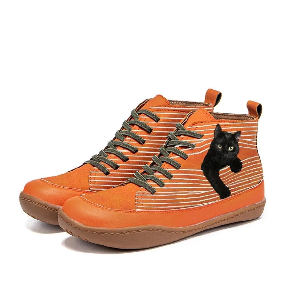 Women cat printed lace up comfortable flat boots