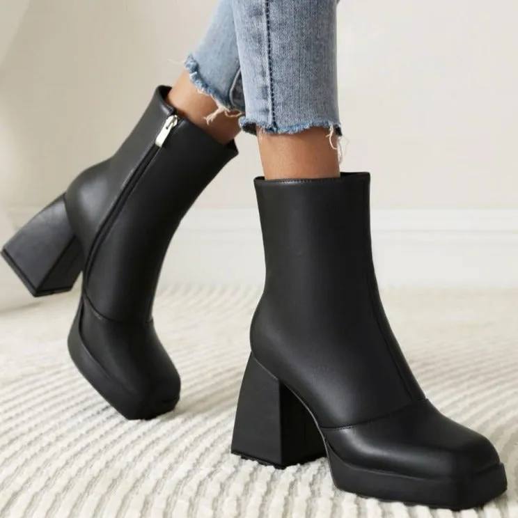 Women short solid color chunky high heel platform boots