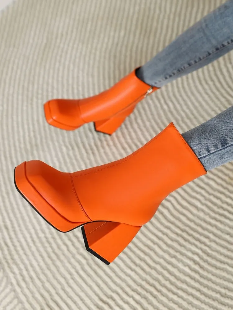 Women short solid color chunky high heel platform boots