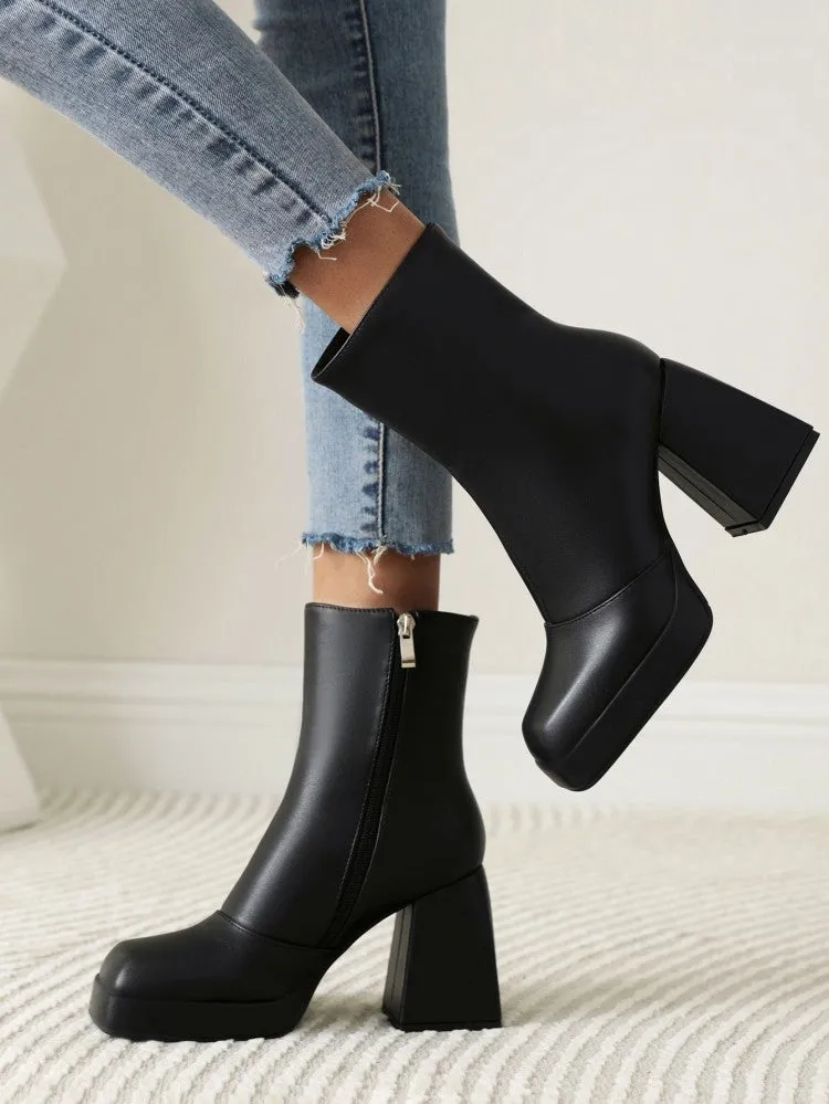 Women short solid color chunky high heel platform boots