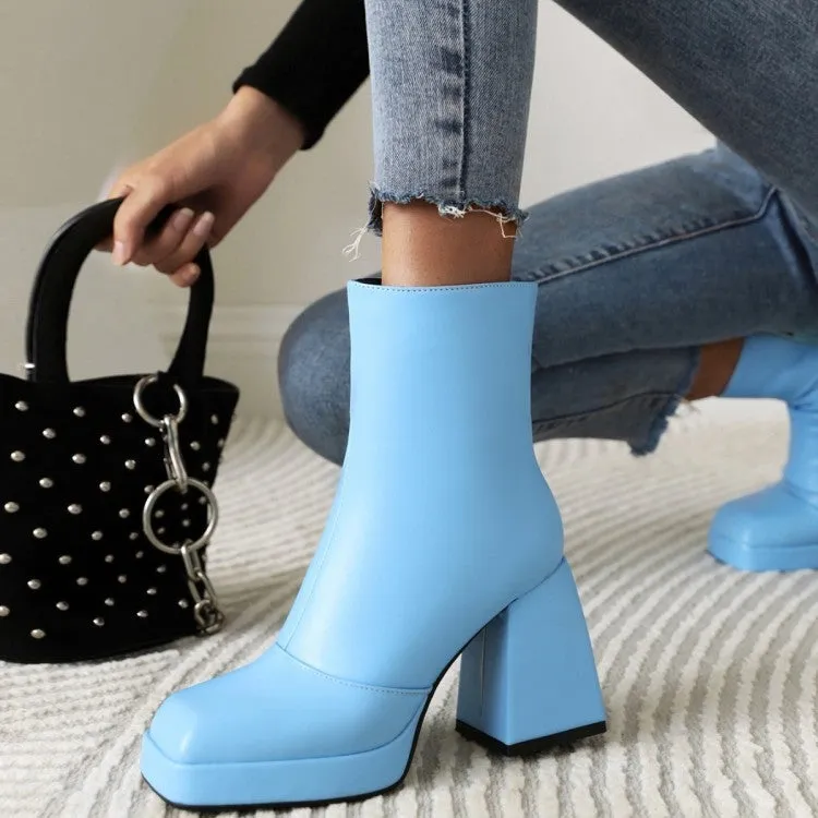 Women short solid color chunky high heel platform boots