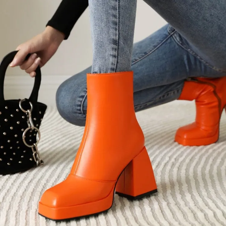 Women short solid color chunky high heel platform boots